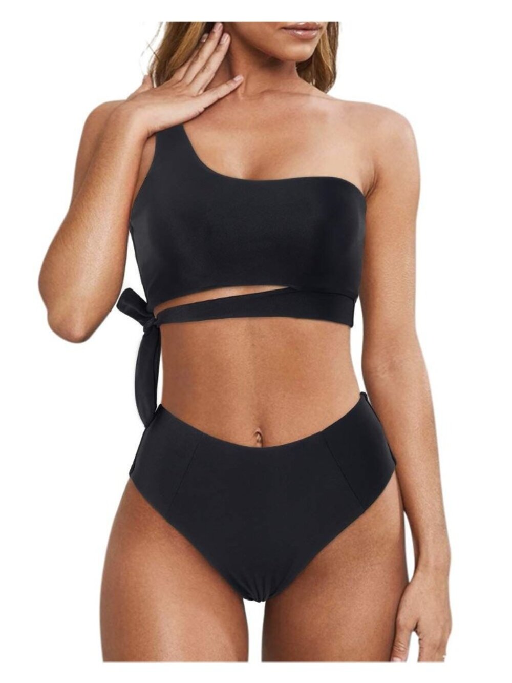 Large One Shoulder High Waisted Bikini with Tie Detail High Cut Swimsuit NWOT